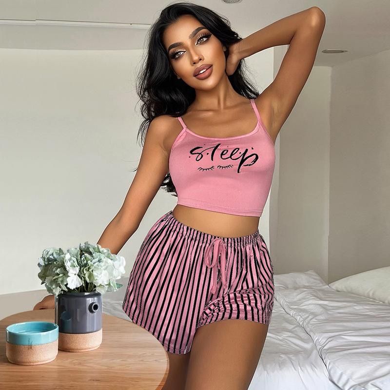 2 Piece Ladies's Short Sleeve Stripe Sleepwear - Pink/Black