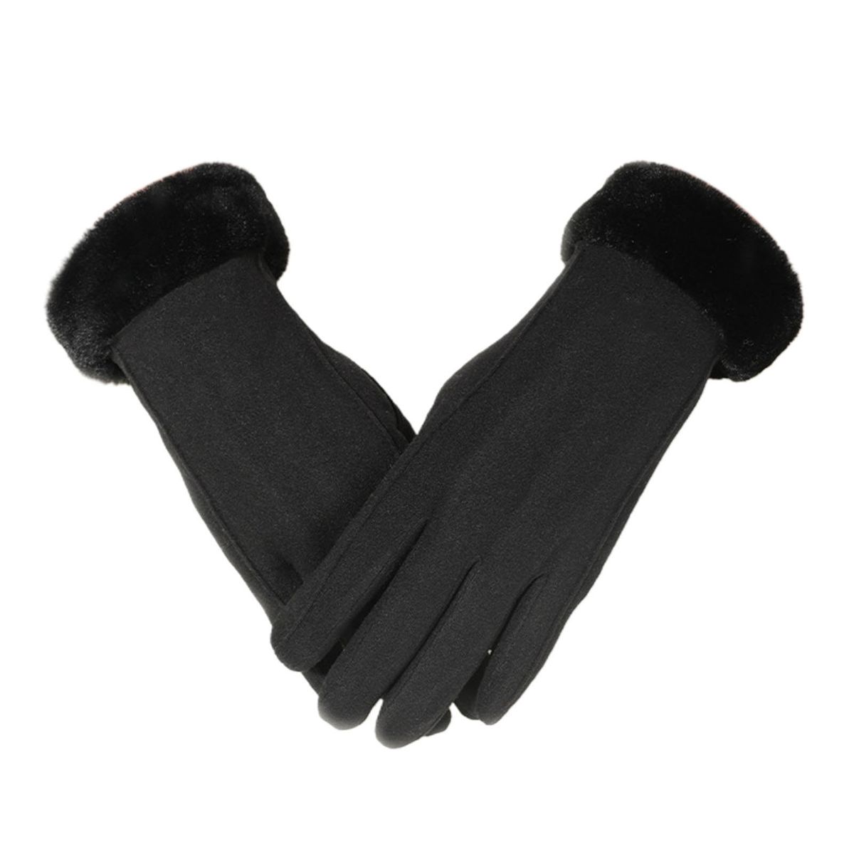 1 Pair Women Gloves Fluffy Cuffs Touch Screen Black