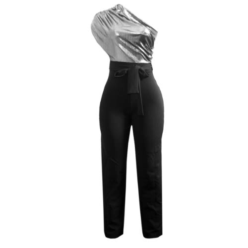 Metallic One Shoulder Jumpsuit - Black/silver