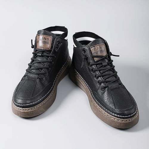 Young Man Casual High Top Leather Shoes Fashion Shoes - Black