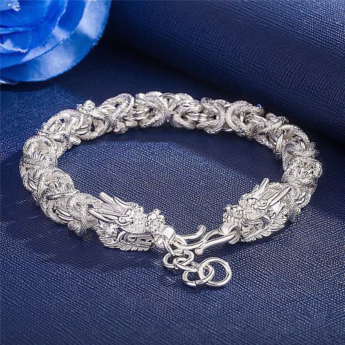 Handmade Frosted Cloth Pattern Dragon Head Bracelet Retro Men's Silver Jewelry