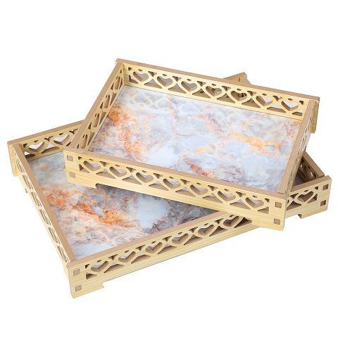 2 Set Of Carved Wood DecorativeTray