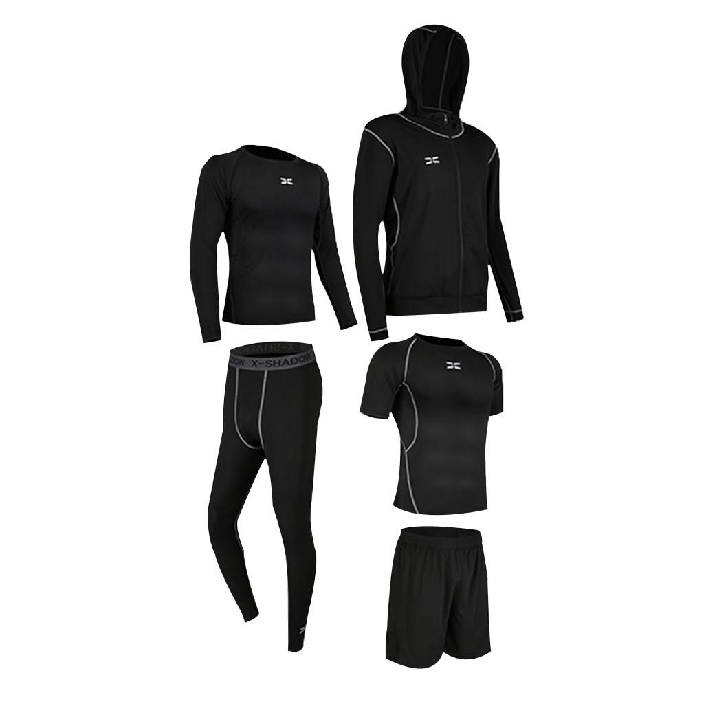 5Pcs/Set Men Tracksuit Quick Dry Gym Athletic Jogging Football Black M