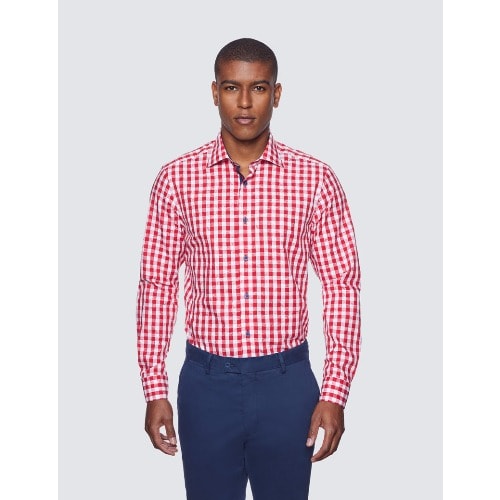Low Collar Check Relaxed Slim Fit Shirt - White & Red