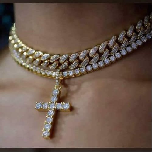 Cuban Iced Chain With Lovely Cross Pendant - Gold
