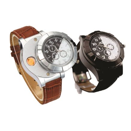 Usb Rechargeable Lighter Leather Wristwatch - Black & Brown (2pcs)