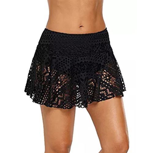 Women's Swim Trunks Women Lace Crochet Skirted Bikini-Black