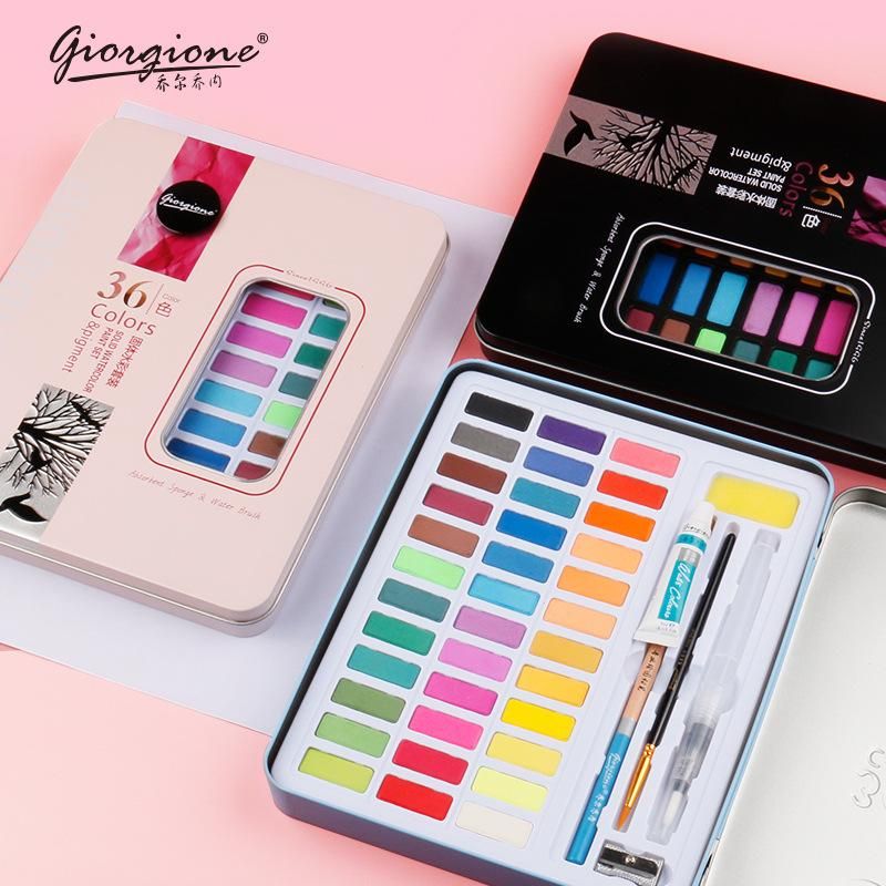 Joerchone 36/48 Colors High Quality Solid Watercolor Paint Set Art Supplies Fountain Pen 9-Piece Set