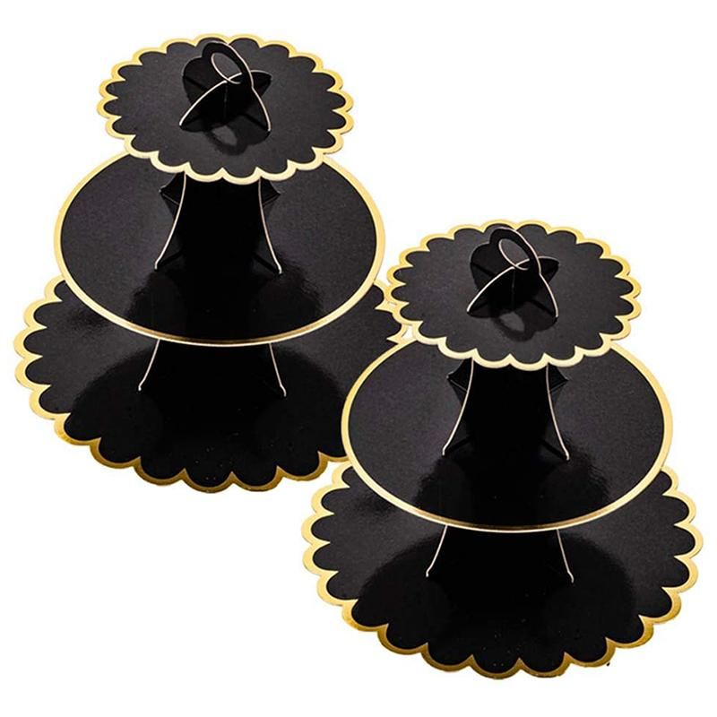 2Pcs Cardboard Cupcake Holder 3 Layers Black  Gold Edge)
