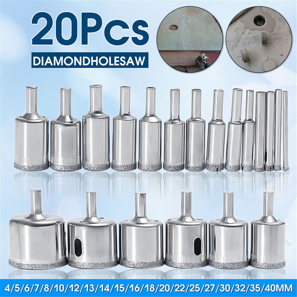 20PCS 4-40mm Diamond Hole Drill Core Bit F/ Marble Porcelain Glass Granite Tile Set For Glass Ceramic Marble