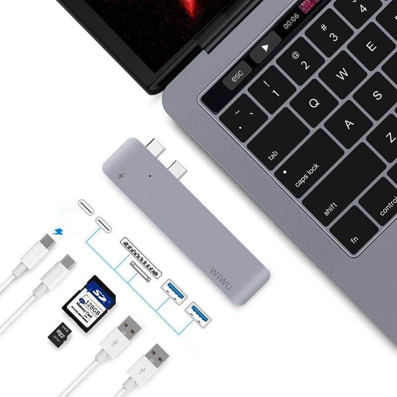 Wiwu H2 6-in-1 Dual Type- To 40Gbps Thunderbolt 3 Type- USB 3.0 SD Micro SD Hub For Macbook Pro Silver (silver)