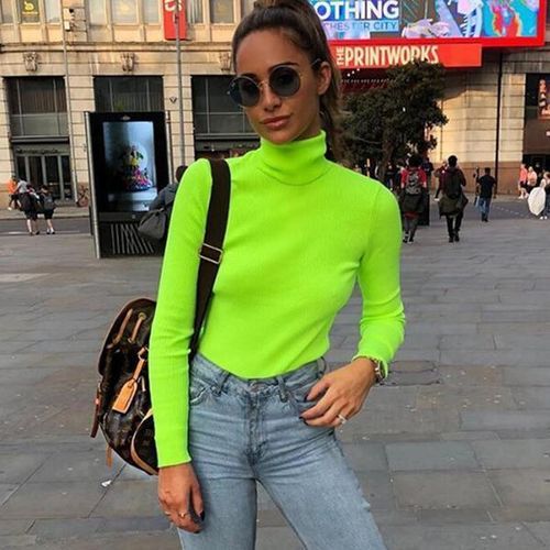 WOMEN'S  PLAIN NEON TURTLE NECK LONG SLEEVE - NEON GREEN
