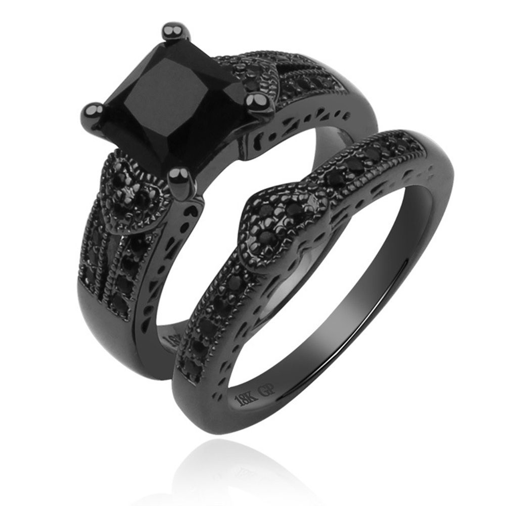 2Pcs/Set Women Men Luxury Black Cubic Zircon Inlaid Finger-