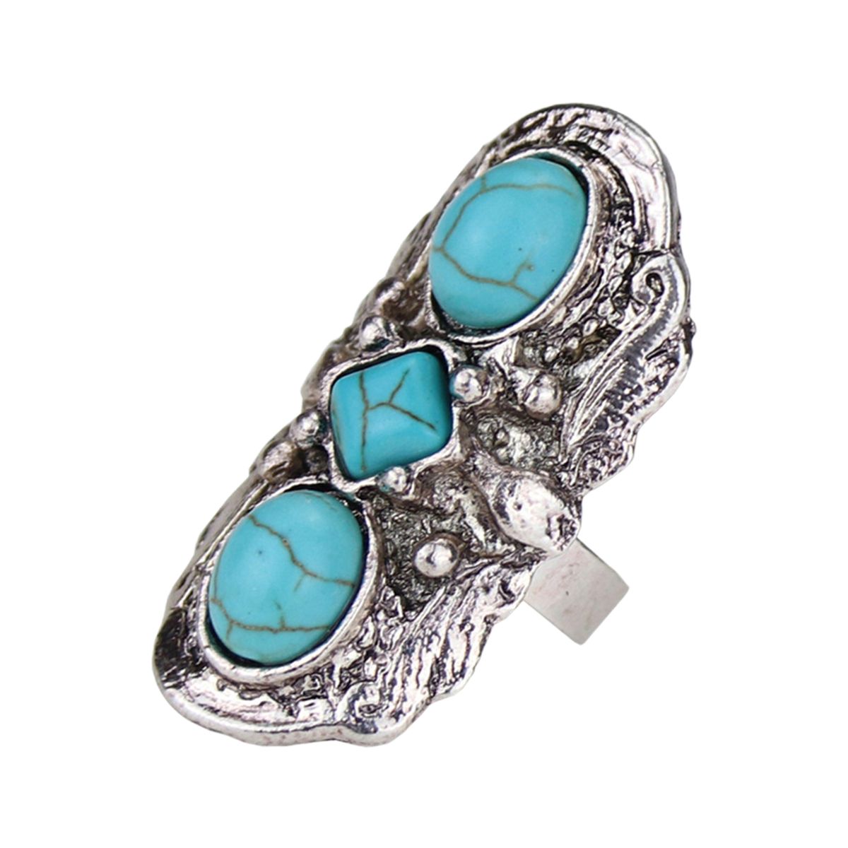 Stone Rings Carved Flower Oval Opening Ring Retro Silver