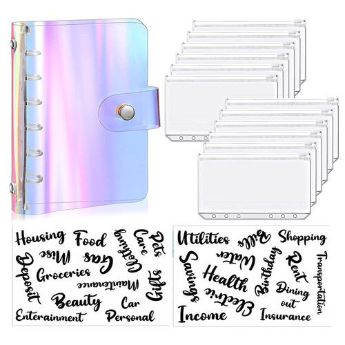 15 Pieces A7 Soft PVC 6- Ring Binder Cover 12 Zipper Pockets Mini Binder And 2 Sheets Cash Envelope Sticker For Budget Planner Laser Style