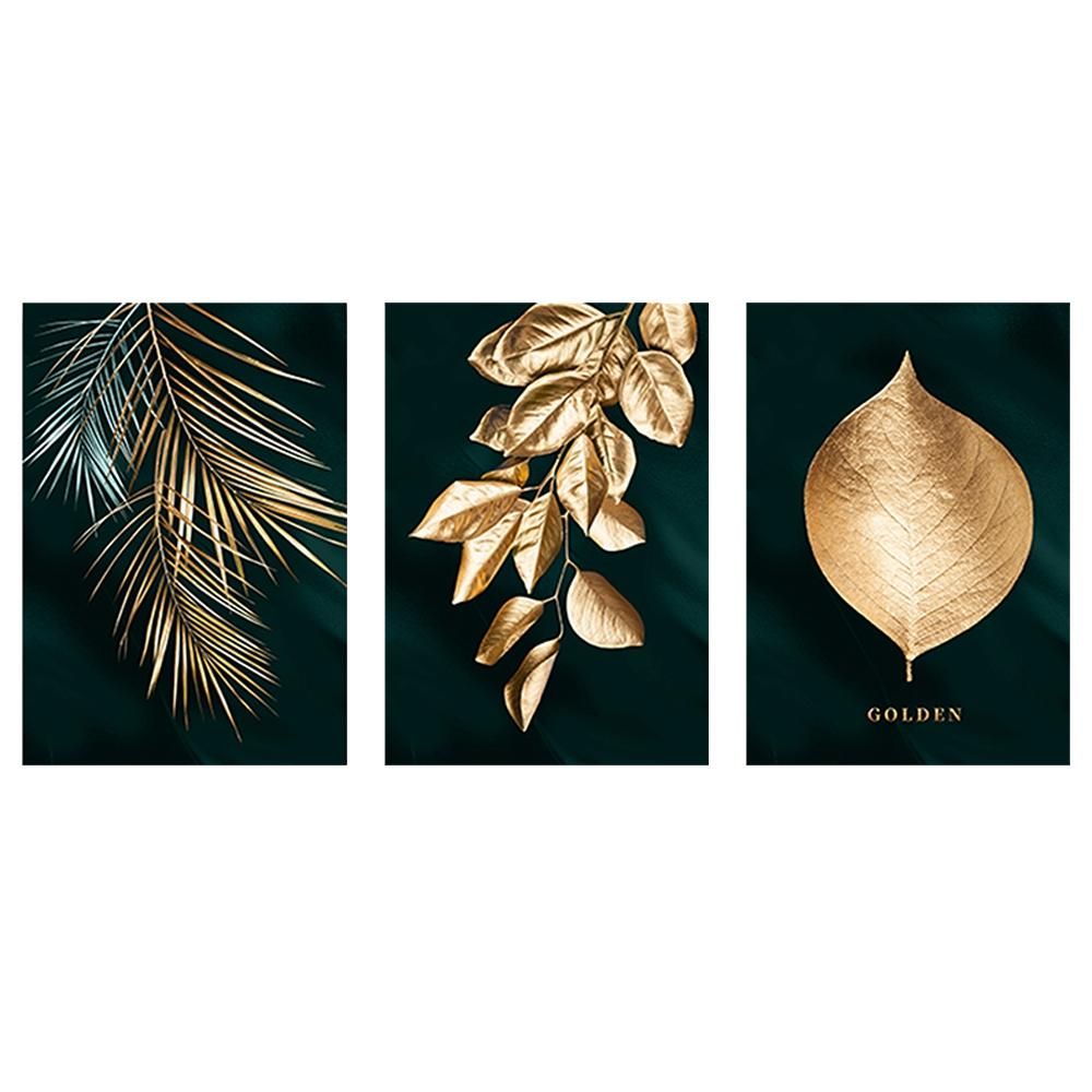 Nordic Triptych Living Room Golden Leaf Painting