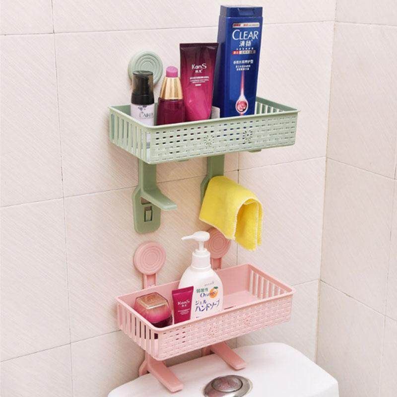 Bathroom Kitchen Suction Cup Storage Rack Organizer Free Punch Shelf Seamless Storage Box Khaki