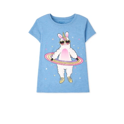 Girl Spinning Llama Corn Glitters Graphic Top - Blue