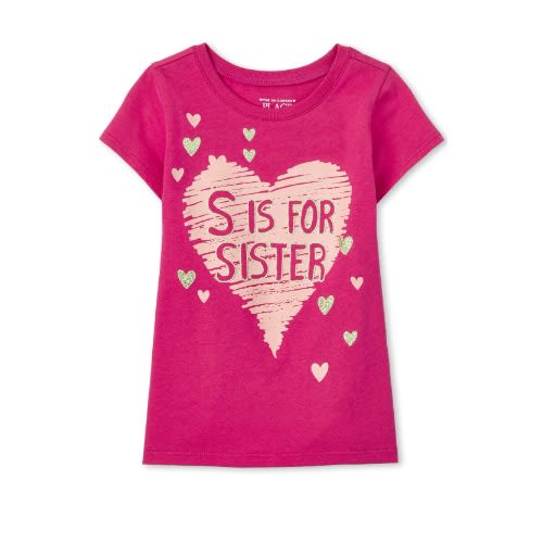 Girls Sisters Glitters Graphic Top- Fuchsia Pink