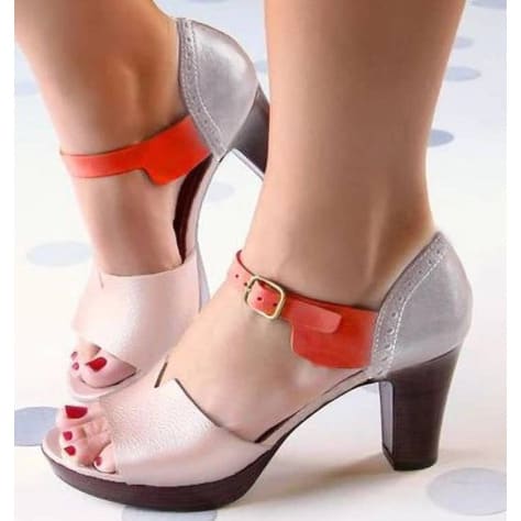 Two Part Leather Platform Sandals - Peach Multicolour