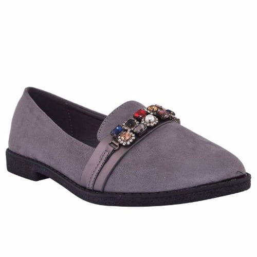 Ladies Suede Flat Loafers - Grey