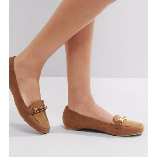 Women's Suede Loafer With Metal Bar - Beige
