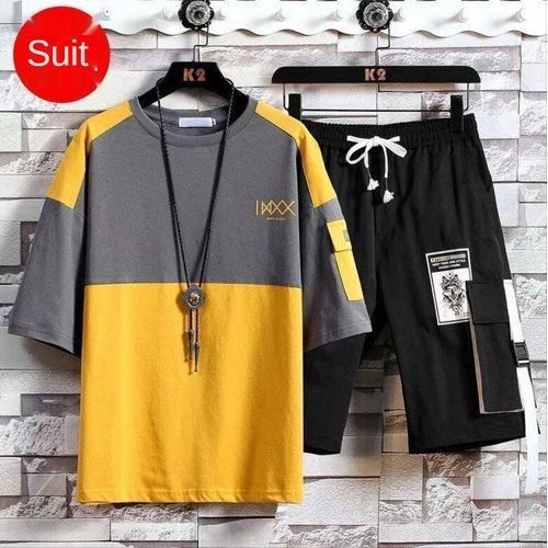 2 In 1 Men's Cotton Short Sleeve Shorts Set-Yellow