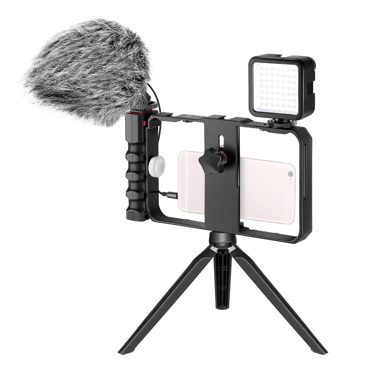 Smartphone Camera Video Micphone Rig Kit, Phone Video Stabilizer Grip With Video Microphone, Mini LED Video Light, Mini Tabletop Support Stand For Vlogging, Tutorials, YouTube Videos