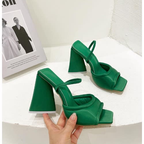 Ladies Block Heel Slippers - Green
