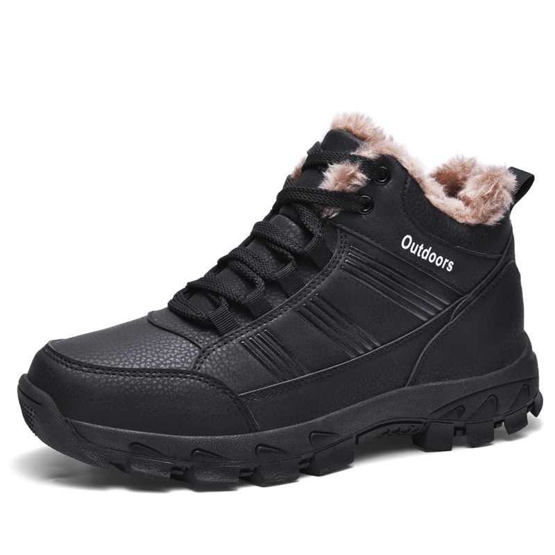 Leather Winter Men Boots Waterproof Warm Fur Snow Boots Men Outdoor Winter Work-Black
