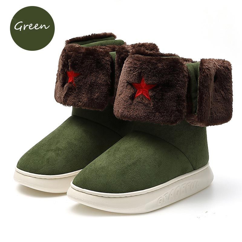 Winter Boots Men Fur Suede Flat Slip On Ankle Snow Boots Women's Indoor Oudoor Casual Shoes Keep Warm Slippers Mens Plus Size 45-Army Green