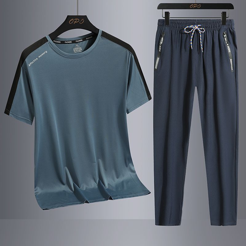 2 In 1 Big Size M-5XL Men's Summer Two-Piece Casual Sports Ice Silk Shorts T-Shirt Polo Shirt Set Blue