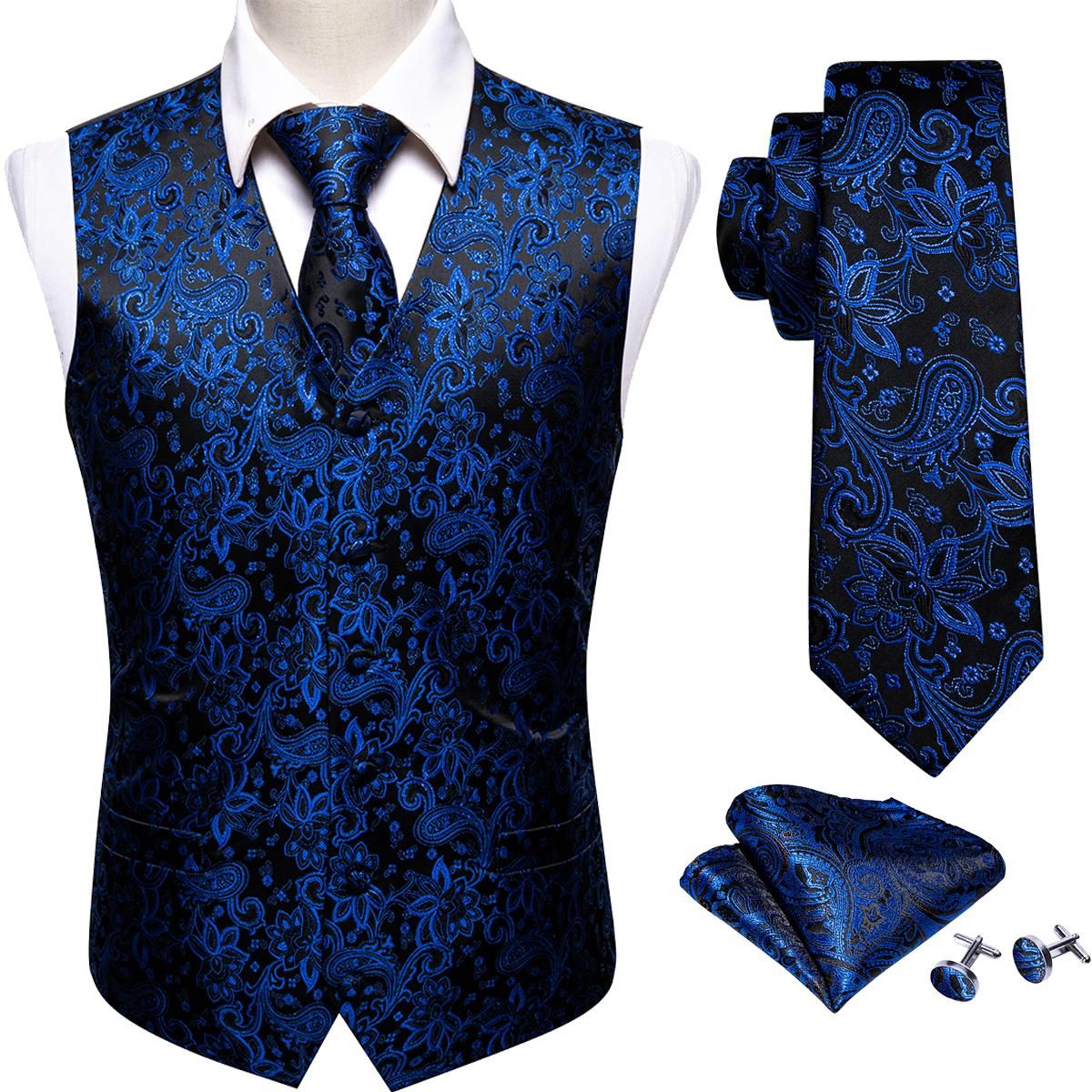 Designer Men's Vest Dress Embroidered Spring Light Sky Blue Royal Blue Navy Paisley Flower Male Formal Suit Jacket