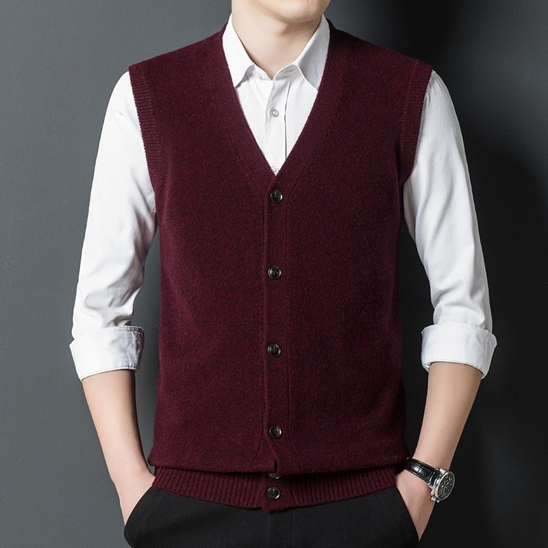 Autumn And Winter Cashmere Vest Men's V-neck Sleeveless Warm Wool-Dark Black Red