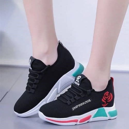 Casual Ladies' Sneakers With Flowers-black