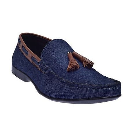 Denim And Leather Loafers With Tassels - Blue