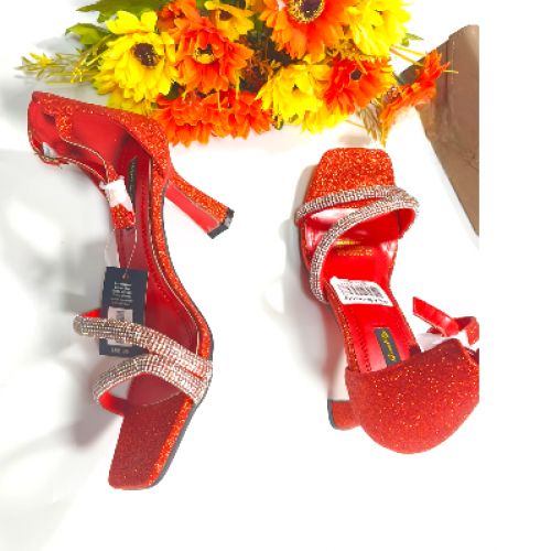 Ladies Glitter Ankle Heels Sandals-Red/Silver