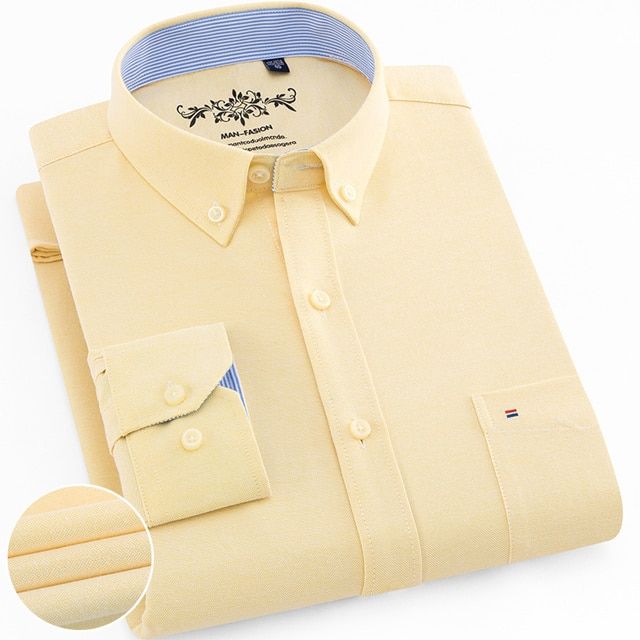 Men's Regular-Fit Long-Sleeve Sturdy Knit Oxford Shirt Embroidered Pocket Button-down Casual Versatile Shirts Yellow