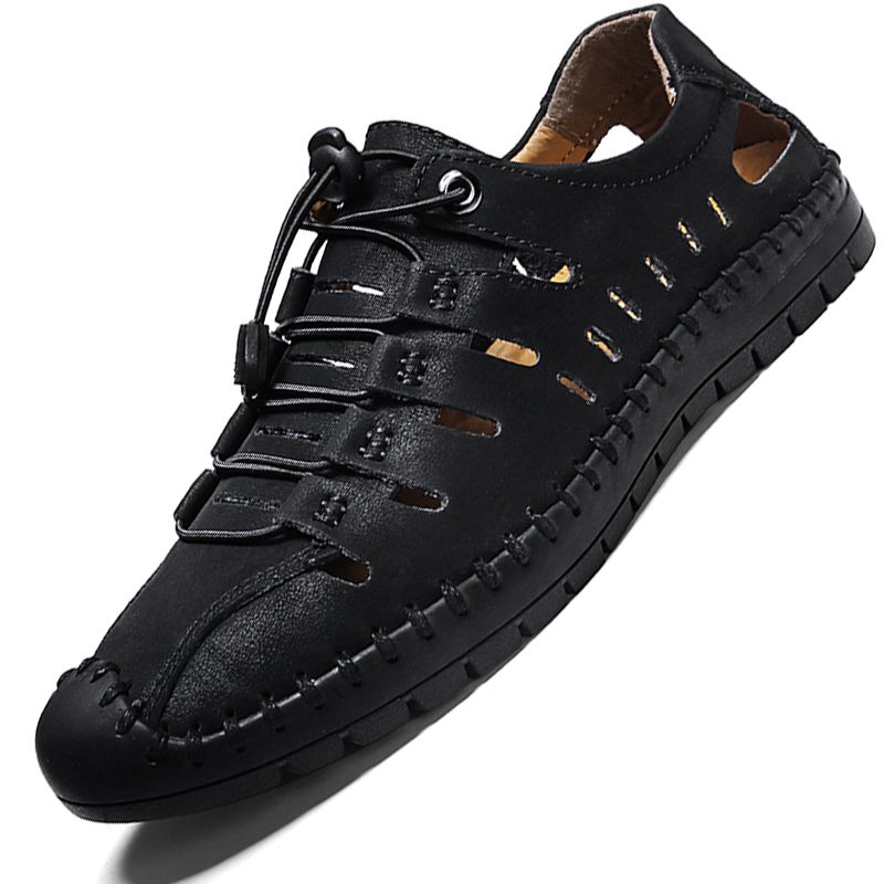 Men's Sandals Big Size 38-48 New Summer High Quality Soft Cowhide Leather Casual Hollow Sandals Breathable Beach Slippers Outdoor Male Shoes Black