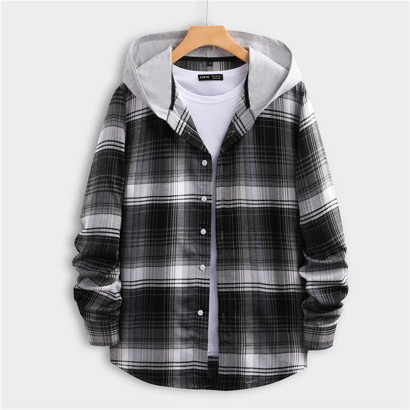 Men's Long Sleeve Plaid Hoddie Shirt - Grey