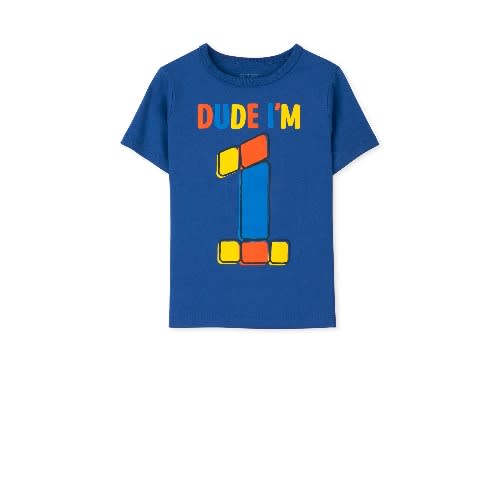 Boys Dude  I Am 1 - 1st Birthday Number Tshirt - Blue And Orange - 12-18 Months