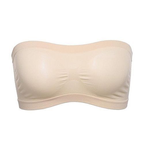 Women Basic Stretch Layer Strapless Hollow Seamless Solid Cropped Tube Top Bra Bandeau ( Nude )