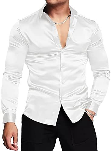 Men's Luxury Shiny Silk Button Down Satin Shirt Long Sleeve Casual Off-White Dress