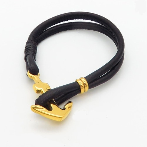 Men Leather Anchor Link Bracelet - Gold Head