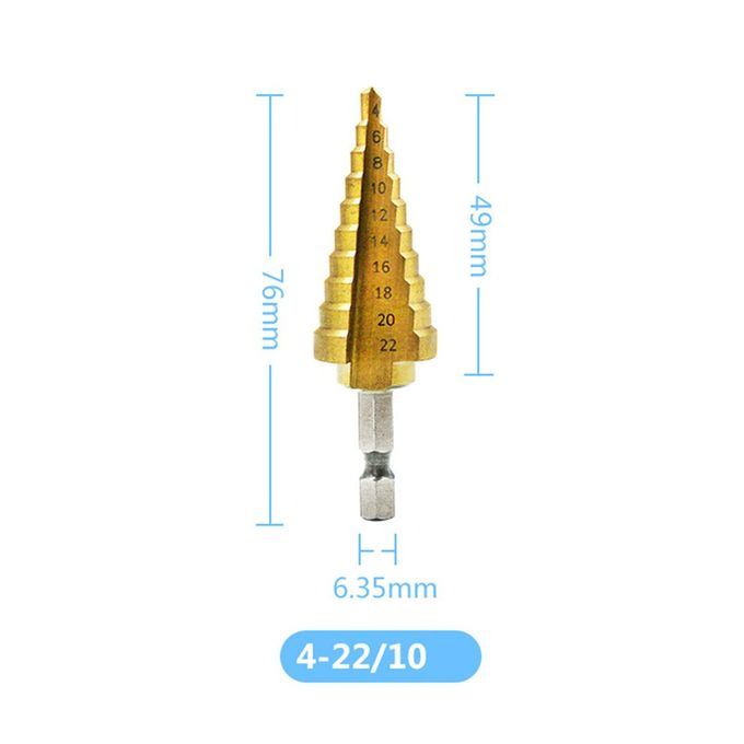 Step Drill Bit, One Drill,Straight Slot Step Drill,  Handle Step Drill,Wood Hole  Utter,Titanium  Oated Drill Bit,Drilling Power Tools HSS 1 1 1set-Titanium-4-22mm