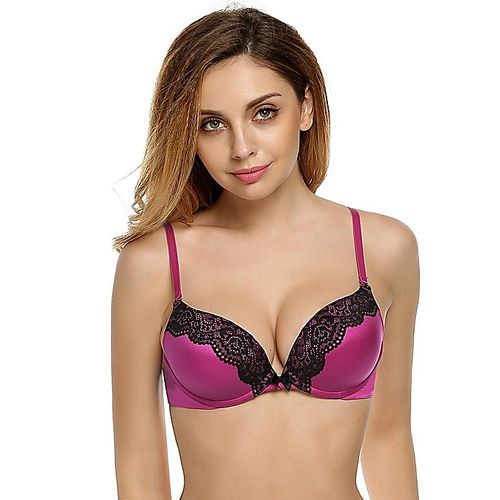 Women Sexy Underwear Lace Patchwork Seamless Underwire Push Up Bra-Rose Red
