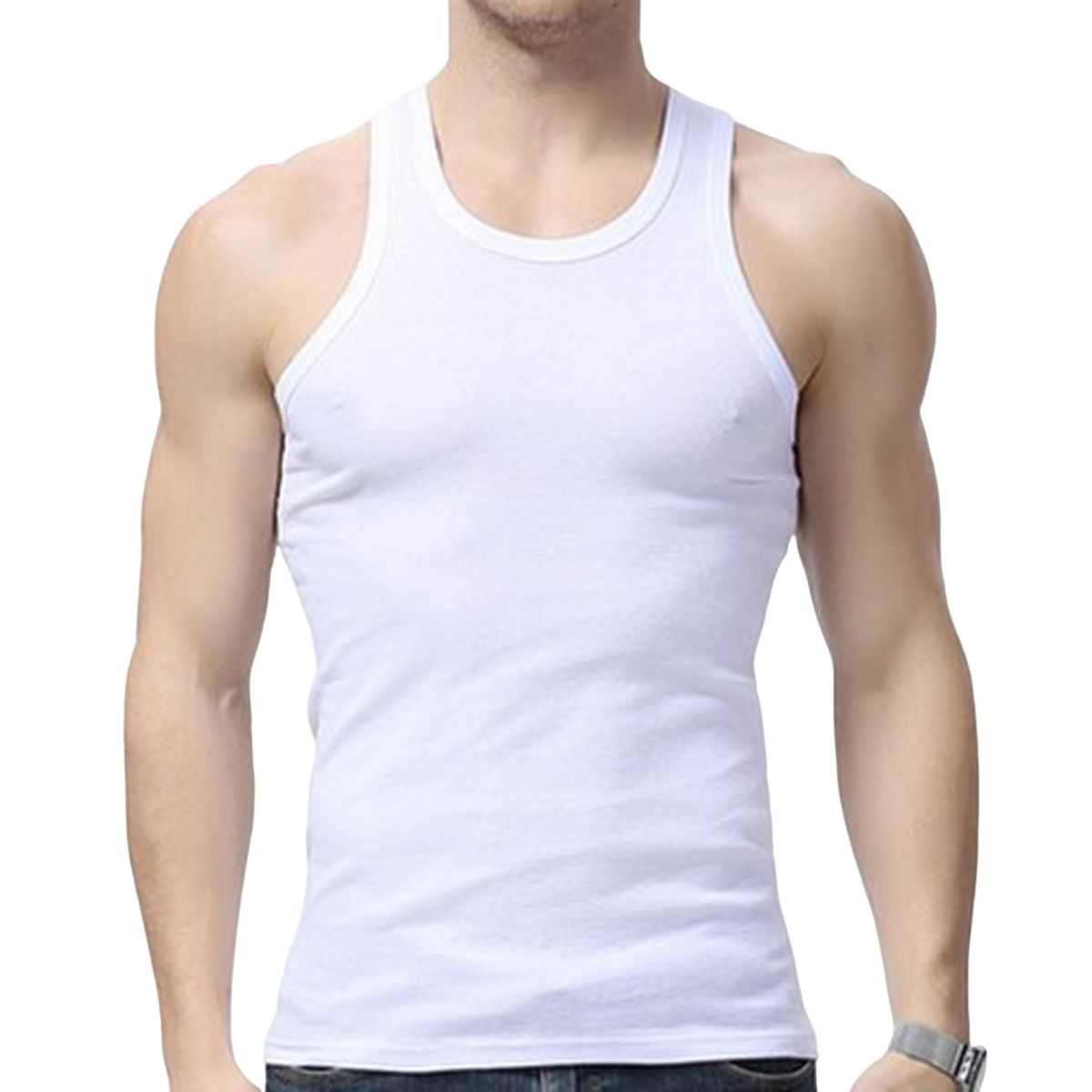 1PCS Tops Men Cotton Pure Colour Vest Male Breathable Sleeveless Tops Slim Casual Sporty Undershirt Mens Gift Plus Size M_ XXL(#White 1)