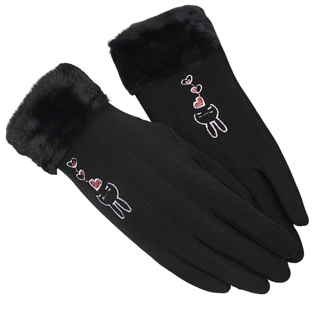 1 Pair Women Cute Fleece Lining Full Finger Warm Mittens Black