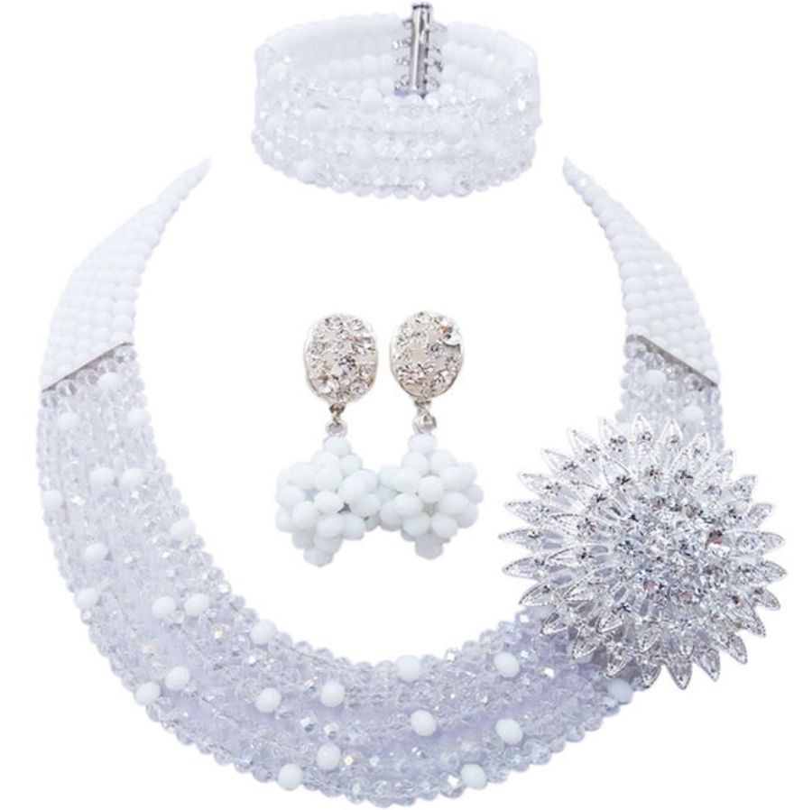 White And Transparent Beaded Nigerian Wedding African Beads Jewelry Set Women