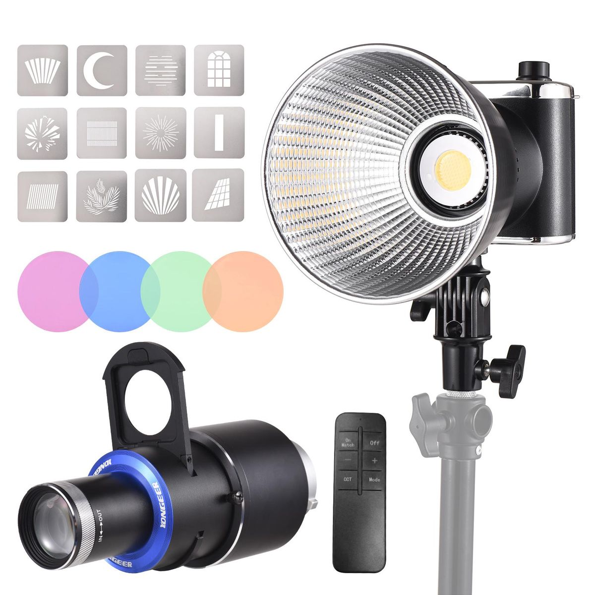 YONGEER Portable 100W Focusing Video Light COB Light Photography Continuous Light 2800K-6500K Dimmable with Optical Conical Snoot for Light Modeling 4pcs Color Filters 12pcs Graphics   Cards Small Bowens Mount Reflector Remot